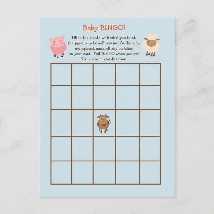 Baby Shower Bingo Game Farm Animal Theme Invitation Postcard Zazzle Com