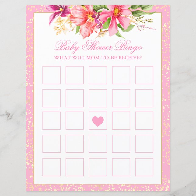 Baby Shower Bingo Game Flowers Bouquet Pink Sheet (Front)