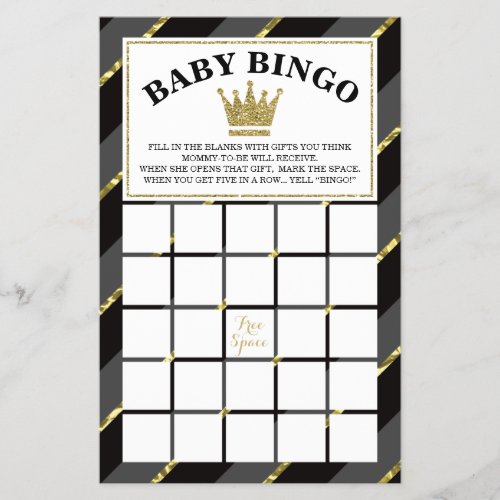 Baby Shower Bingo Game Prince Black and Gold Flyer