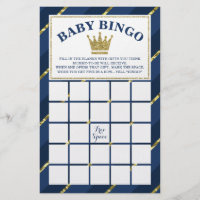 Baby Shower Bingo Game, Prince, Navy Blue and Gold Flyer