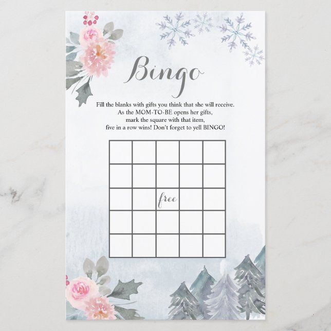 Baby Shower Bingo Game Snowflakes Winter Floral (Front)