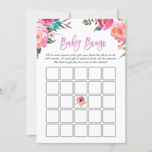 Baby Shower Bingo Game | Watercolor Pink Floral Invitation (Front)