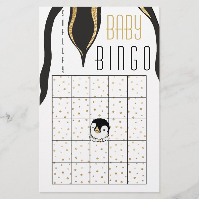 Baby Shower BINGO "Gold Penguin" Flyer (Front)