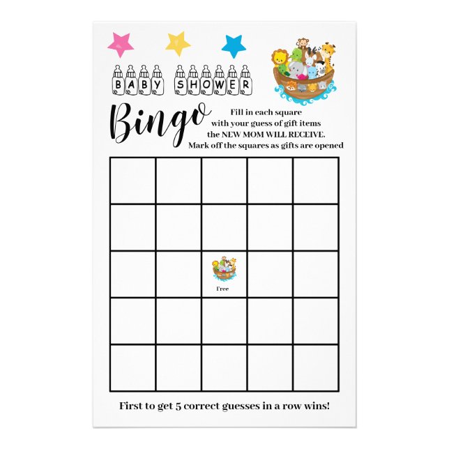 Baby Shower Bingo Noah's Ark Game Card  Flyer (Front)