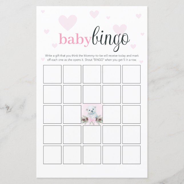 Baby Shower Bingo Party Game Pink Hearts Bear Cub (Front)
