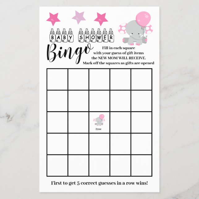 Baby Shower  Bingo Pink Elephant  Girl Game Card Flyer (Front)