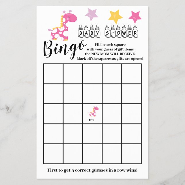 Baby Shower  Bingo Pink Giraffe Girl Game Card  Flyer (Front)