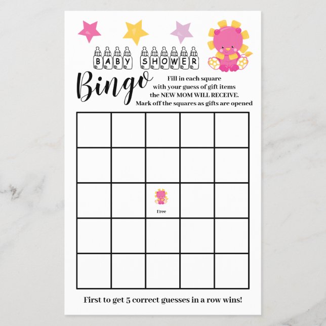 Baby Shower  Bingo Pink Lion Girl Game Card  Flyer (Front)