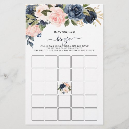 Baby Shower Bingo Pink Navy Cascading Floral Game