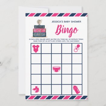 Baby Shower Bingo Pink Navy Travel Theme Game Invitation by LaurEvansDesign at Zazzle
