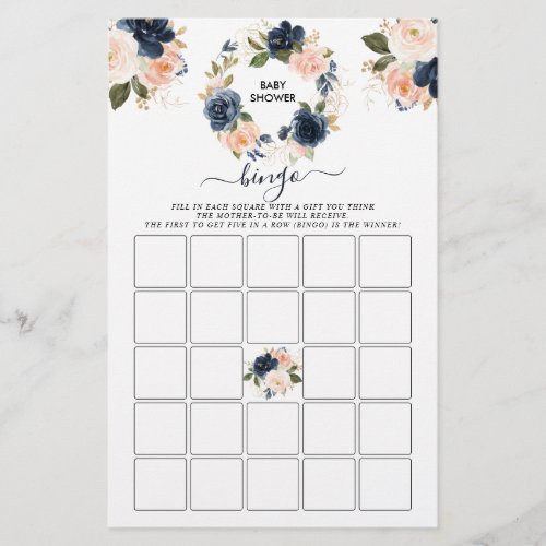 Baby Shower Bingo Pink Navy Wreath Floral Game