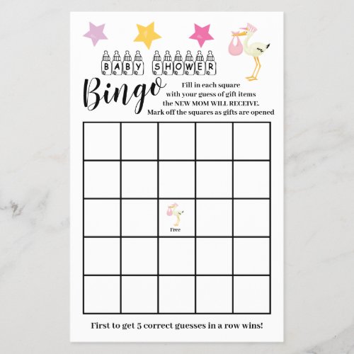 Baby Shower  Bingo Pink Stork Girl Game Card  Flyer