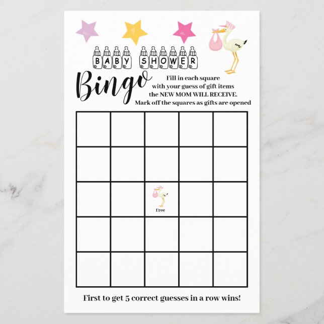 Baby Shower  Bingo Pink Stork Girl Game Card  Flyer (Front)