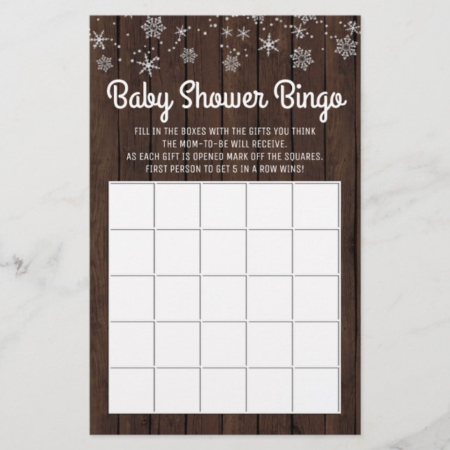 Baby Shower Bingo Rustic Snowflake Baby Bingo Card Flyer (Front)