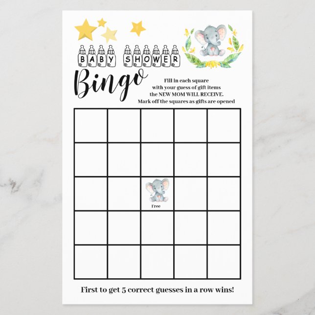 Baby Shower Bingo Sweet Elephant Game Card  Flyer (Front)