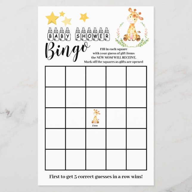 Baby Shower Bingo Sweet Giraffe Game Card  Flyer (Front)