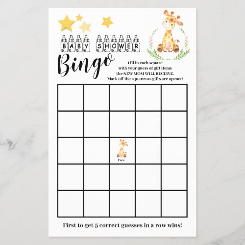 Baby Shower Bingo Sweet Vintage Giraffe Game Card  Flyer