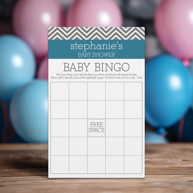 Baby Shower Bingo - Teal and Gray Chevrons (Custom Baby Shower Games)