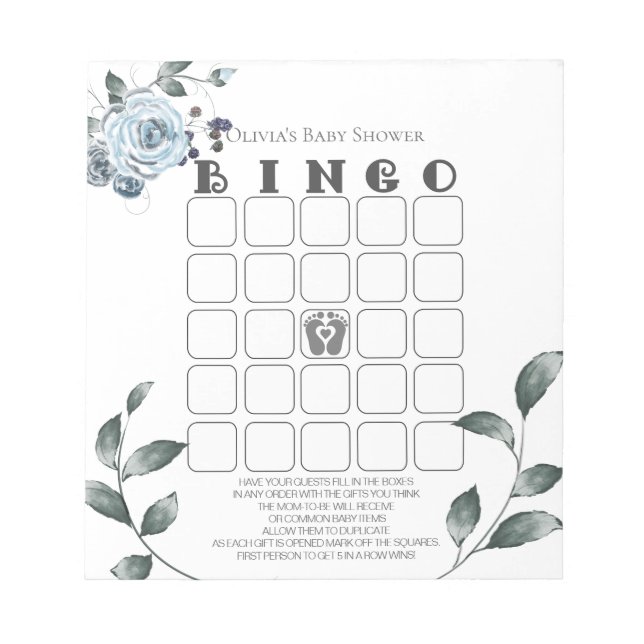 Baby Shower Bingo Watercolor Dusty Blue Floral Notepad (Front)