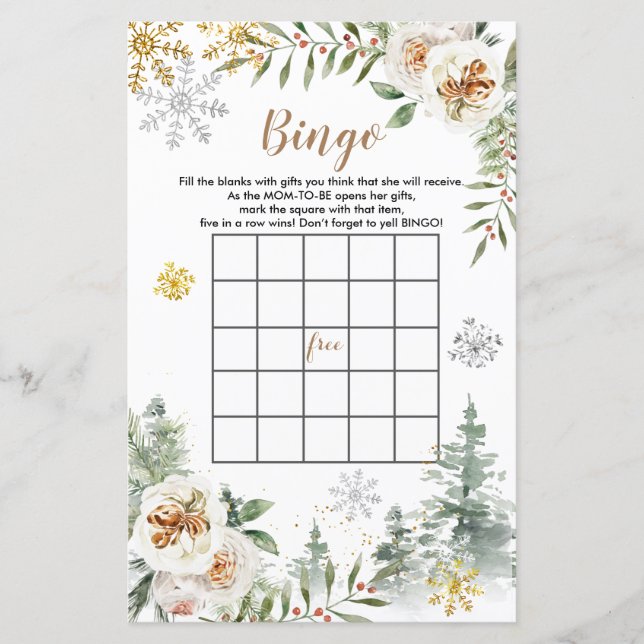 Baby Shower Bingo Winter White Floral Pine Trees (Front)