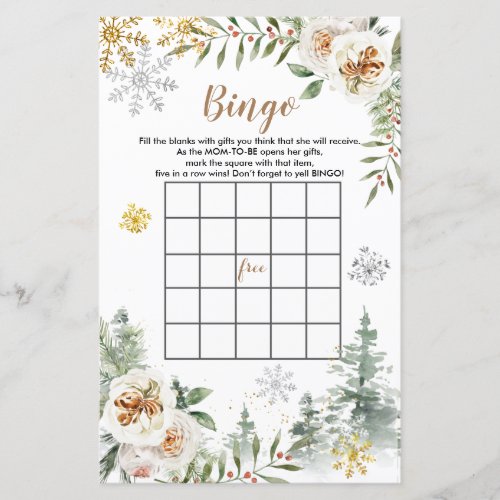 Baby Shower Bingo Winter White Floral Pine Trees