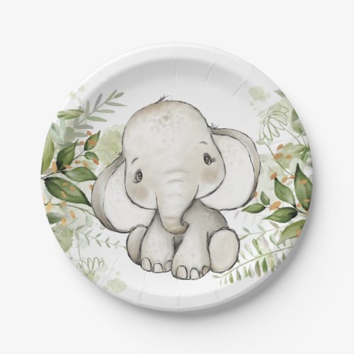 Baby Shower Birthday Cute Elephant Greenery Paper Plates