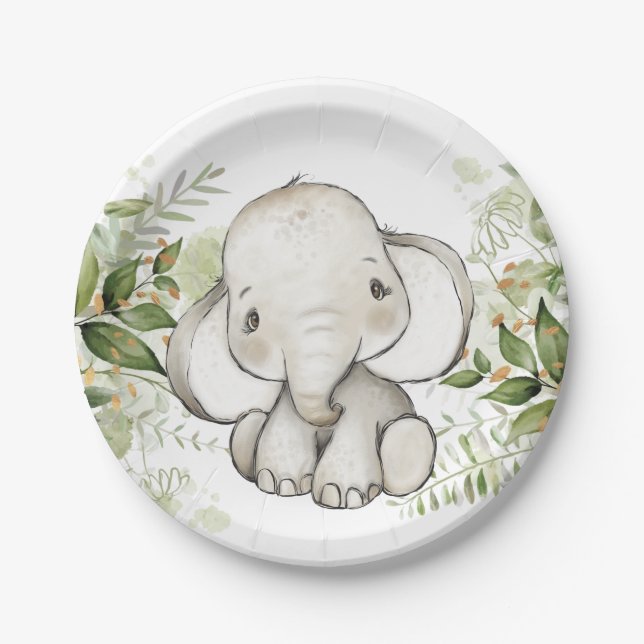 Baby Shower Birthday Cute Elephant Greenery Paper Plates (Front)