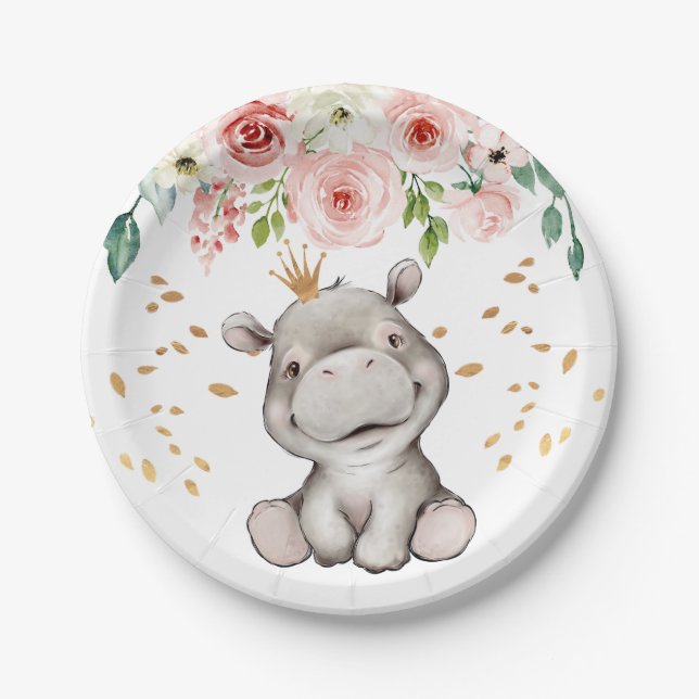 Baby Shower Birthday Cute Hippo Paper Plate (Front)