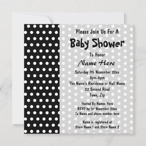 Baby Shower, Black and White Polka Dot Pattern. Announcement