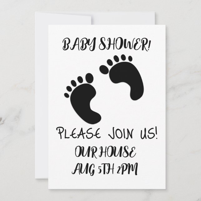 BABY SHOWER BLACK FOOT PRINTS SCRIPT INVITATIONS (Front)