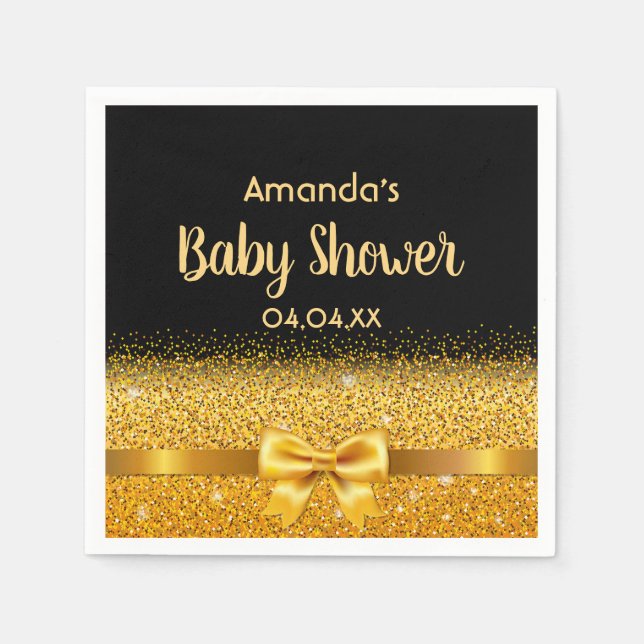 Baby Shower black gold bow elegant Paper Napkins (Front)
