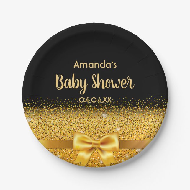 Baby Shower black gold elegant monogram name Paper Plates (Front)
