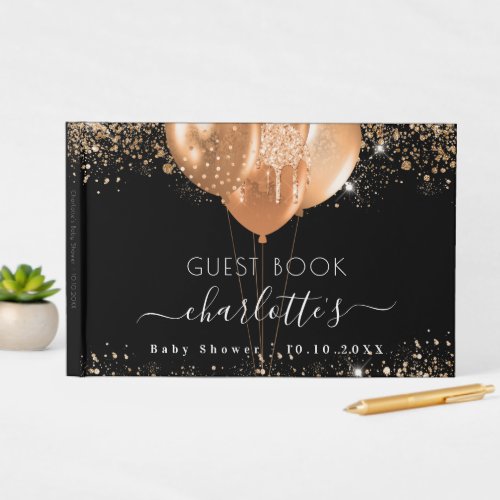 Baby shower black gold glitter name guest book