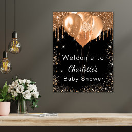 Baby shower black gold glitter party welcome poster