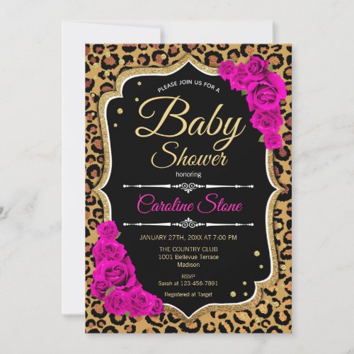 Baby Shower _ Black Pink Gold Leopard Print Invitation
