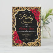 Baby Shower - Black Red Gold Leopard Print Invitation (Standing Front)