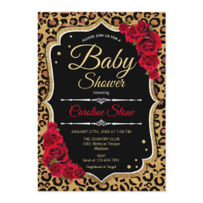 Baby Shower - Black Red Gold Leopard Print Invitation