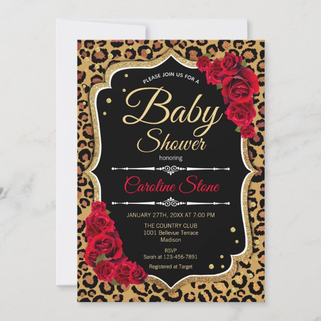 Baby Shower - Black Red Gold Leopard Print Invitation (Front)
