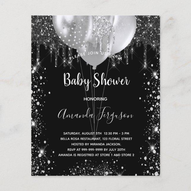 Baby Shower black silver budget invitation Flyer (Front)