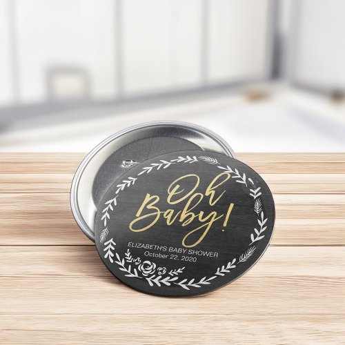 Baby Shower Black  White Floral Frame Chalkboard Button