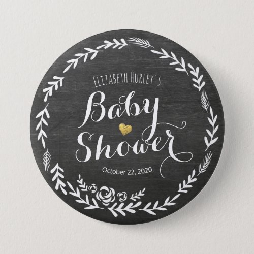 Baby Shower Black  White Floral Frame Chalkboard Button