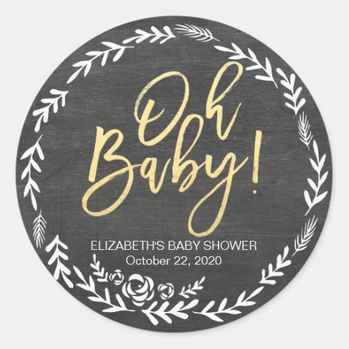 Baby Shower Black  White Floral Frame Chalkboard Classic Round Sticker