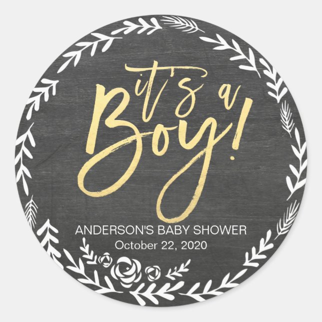 Baby Shower Black & White Floral Frame Chalkboard Classic Round Sticker (Front)