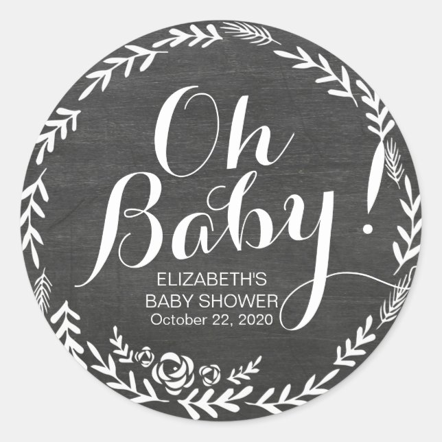 Baby Shower Black & White Floral Frame Chalkboard Classic Round Sticker (Front)