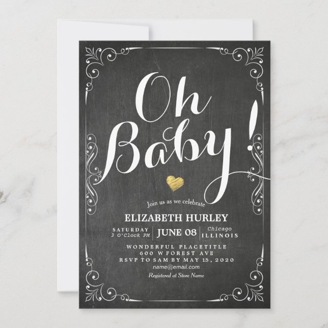Baby Shower Black & White Floral Frame Chalkboard Invitation (Front)