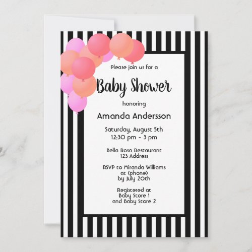 Baby Shower black white stripes balloon arch pink Invitation