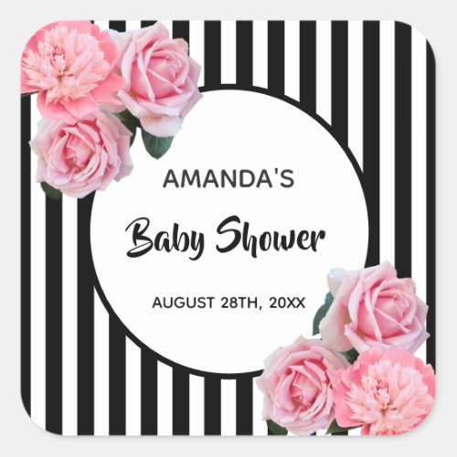Baby Shower black white stripes pink floral name Square Sticker