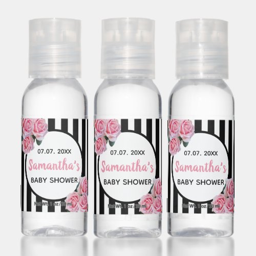 Baby Shower black white stripes pink florals Hand Sanitizer