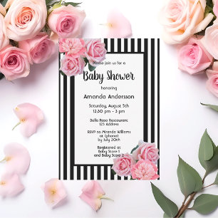 Baby Shower black white stripes pink flowers Invitation