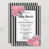 Baby Shower black white stripes pink flowers Invitation (Front/Back)